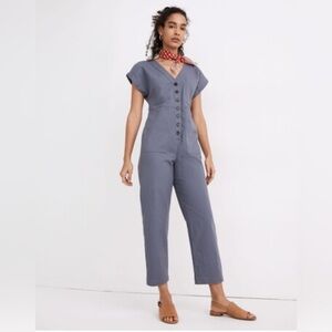 Madewell Slate Button-Down Cap Sleeve Jumpsuit